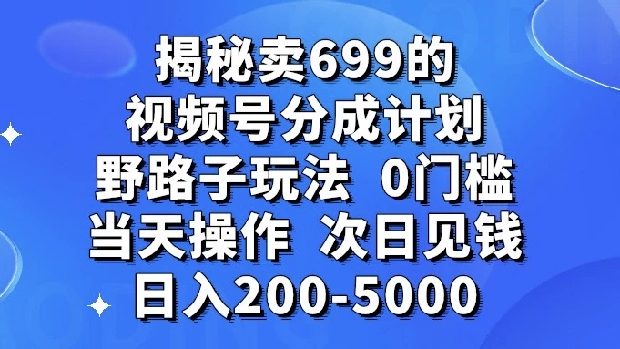 揭秘卖 699 的视频号分成计划野路子玩法,日入 200-5000,0 门槛,当天操作,次日见钱-副业吧