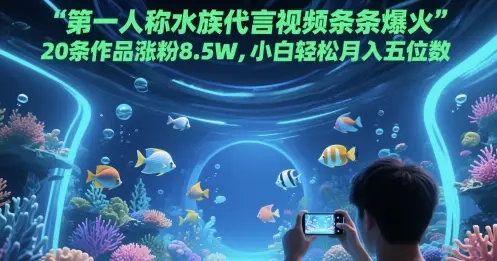 第一人称水族代言视频条条爆火,20条作品涨粉8.5W,小白轻松月入五位数-副业吧 第一人称水族代言视频条条爆火,20条作品涨粉8.5W,小白轻松月入五位数-副业吧