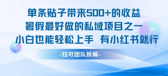 单条贴子带来5张的收益,暑假最好做的私域项目之一,小白也能轻松上手,有小红书就行