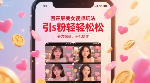 四开屏美女视频玩法,引s粉轻轻松松,暴力掘金,手机操作【揭秘】-副业吧