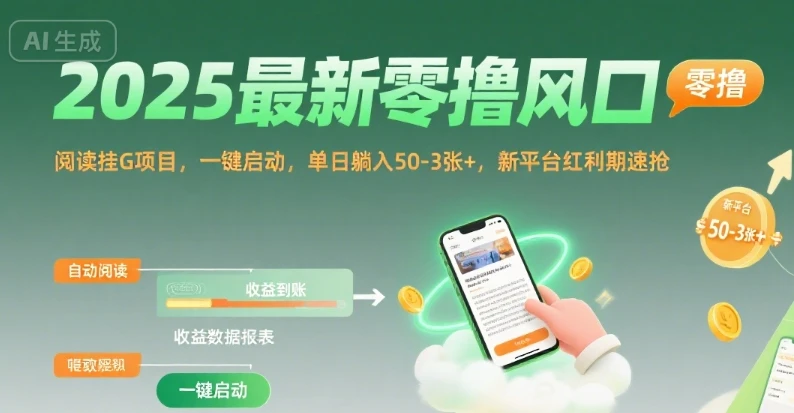 2025最新零撸风口,阅读挂G项目,一键启动,单日躺入 50-3张+,新平台红利期速抢【揭秘】-副业吧