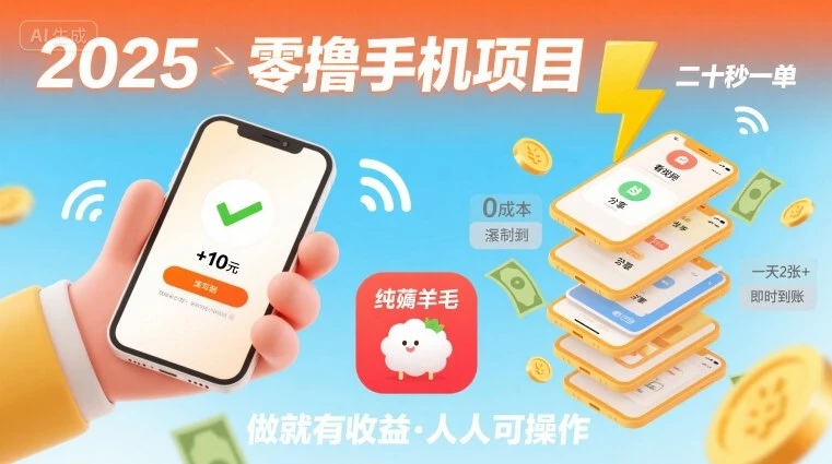2025年零撸手机项目,二十秒一单,纯薅羊毛 一天2张+做就有-创业猫 2025年零撸手机项目,二十秒一单,纯薅羊毛 一天2张+做就有-创业猫