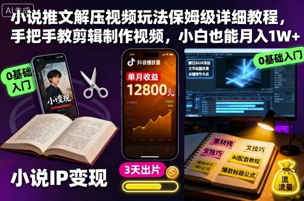 【精】小说推文解压视频玩法保姆级详细教程,手把手教剪辑制作视频,小白也能月入1W+-副业吧