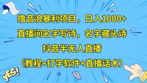 撸音浪暴利日入1000+,名字写诗,名字藏头诗,抖音半无人直播(教程+软件+话术)-副业吧