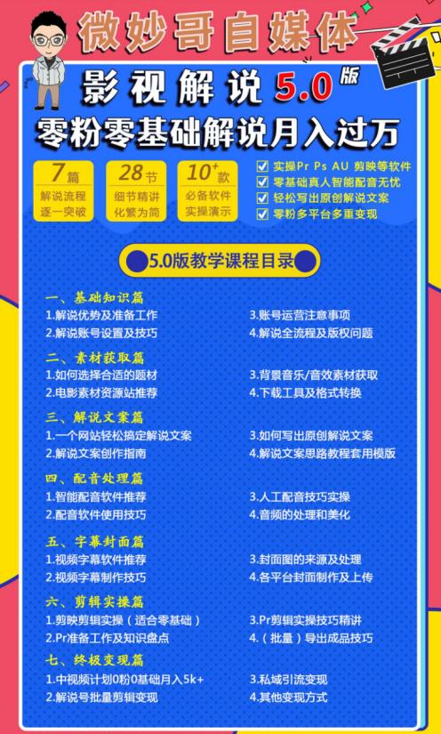 微妙哥影视解说5.0版视频课程，零粉丝零基础解说，小白也能月入过万-副业吧