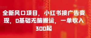 全新风口项目，小红书接广告变现，0基础无脑搬运，一单收入300起-副业吧