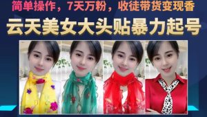 云天美女大头贴暴力起号教学，简单操作，7天万粉，收徒带货变现香-副业吧