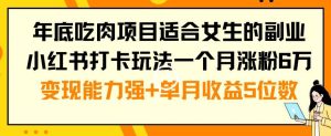 年底吃肉项目适合女生的副业小红书打卡玩法一个月涨粉6万+变现能力强+单月收益5位数-副业吧