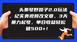 (9488期)头条号野路子2.0玩法,纪实类视频改文章,3天暴力起号,单日收益轻松破500+-副业吧