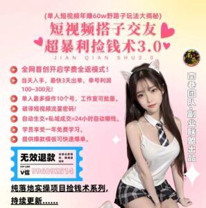 单人短视频年赚60w野路子玩法大揭秘，短视频搭子交友超暴利捡钱术3.0-副业吧