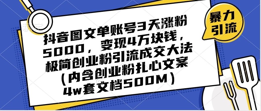 抖音图文单账号 3 天涨粉 5000，变现 4 W，极简创业粉引流成交大法（内含扎心文案）-副业吧