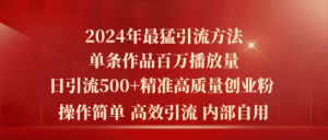 （10920期）2024年最猛暴力引流方法，单条作品百万播放 单日引流500+高质量精准创业粉-副业吧