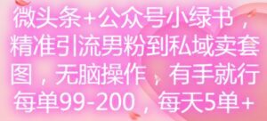 微头条+公众号小绿书，精准引流男粉到私域卖套图，无脑操作，有手就行，每单99-200，每天5单-副业吧