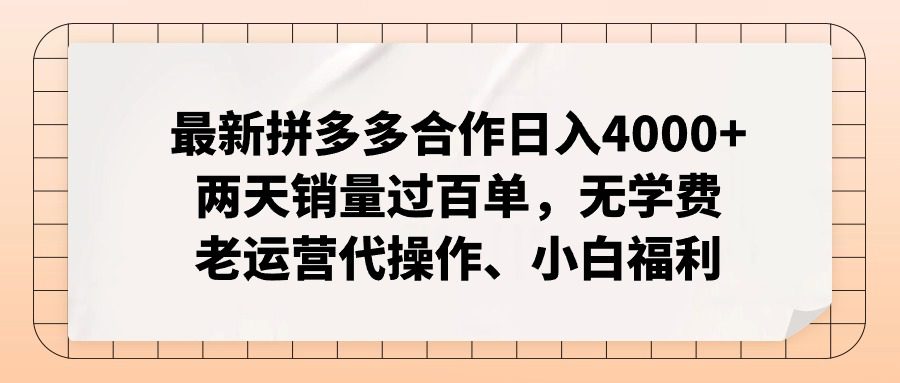 （12869期）拼多多最新合作日入4000+两天销量过百单，无学费、老运营代操作、小白福利-副业吧