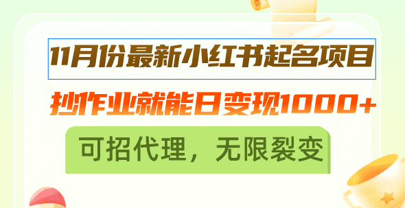 （13256期）11月份最新小红书起名项目，抄作业就能日变现1000+，可招代理，无限裂变-副业吧
