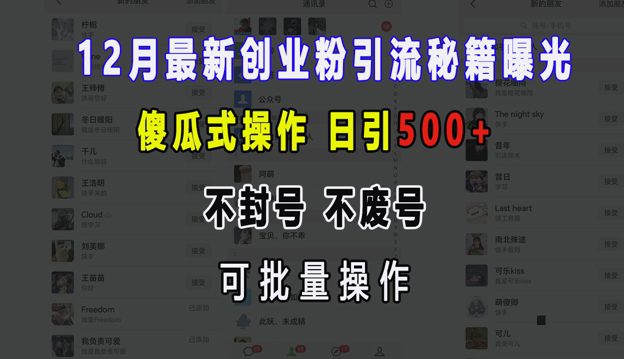 12月最新创业粉引流秘籍曝光 傻瓜式操作 日引500+ 不封号 不废号 可批量操作-副业吧