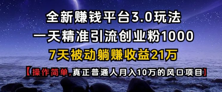 全新赚钱平台3.0玩法一天精准引流创业粉1000.7天被动躺Z收益21W【仅揭秘】-副业吧