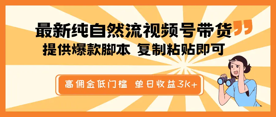 最新纯自然流视频号带货,提供爆款脚本简单 复制粘贴即可,高佣金低门槛,单日收益3K+-副业吧