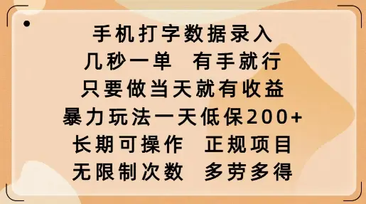 手机打字数据录入，几秒一单，有手就行，只要做当天就有收益，暴力玩法一天低保2张-副业吧