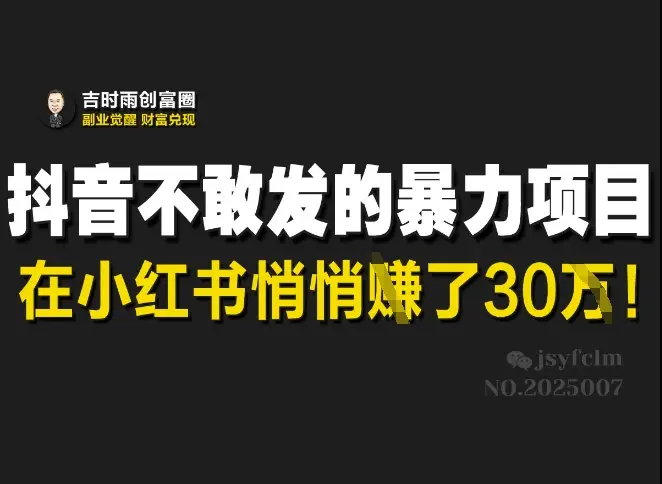 抖音不敢发的暴利项目，在小红书悄悄挣了30W-副业吧