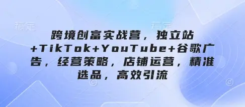 跨境创富实战营，独立站+TikTok+YouTube+谷歌广告，经营策略，店铺运营，精准选品，高效引流-副业吧
