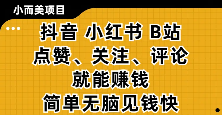 小而美的项目，抖音、小红书、B站视频点赞、关注、评论就能赚钱，简单无脑立见收益!妥妥的零撸项目-副业吧