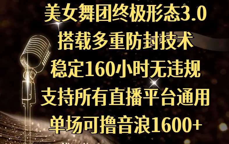 美女舞团终极形态3.0，搭载多重防封技术，稳定160小时无违规，支持所有直播平台通用，单场可撸音浪1600+-副业吧