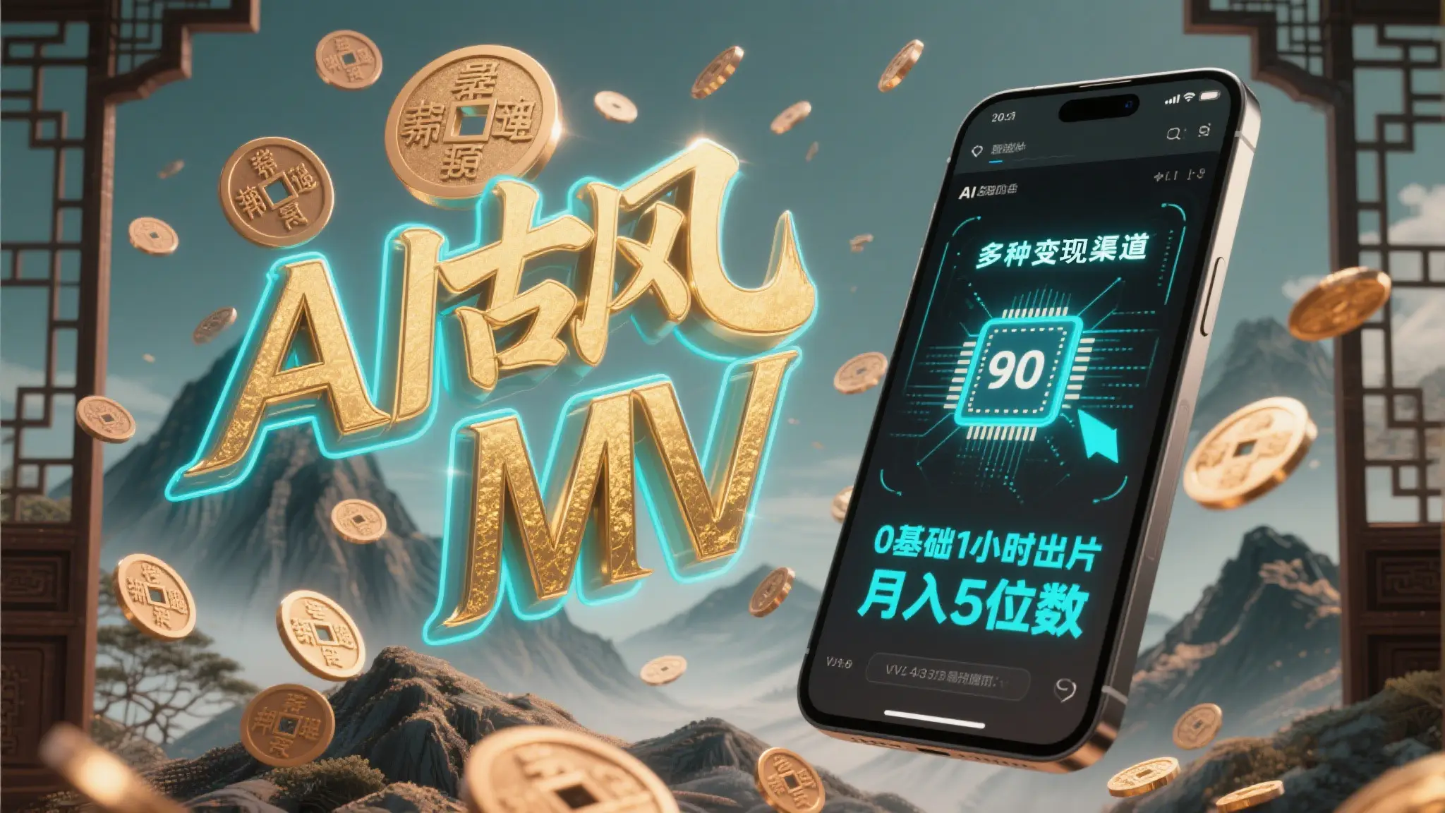 AI一键生成古风音乐MV，0剪辑基础1小时出片，多种变现渠道，一部手机月入5位数-副业吧