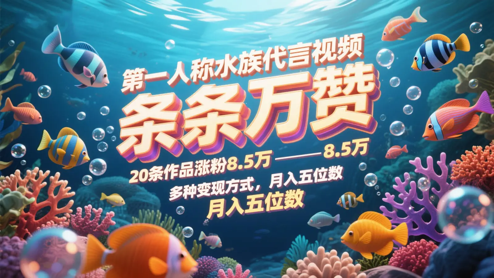第一人称水族代言视频,条条万赞,20条作品涨粉8.5万,多种变现方式月,入五位数-副业吧