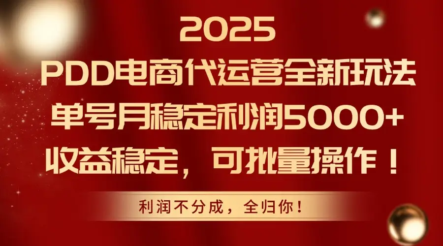 2025PDD电商代运营全新玩法，单号月稳定利润5000+，收益稳定，可批量操作-副业吧
