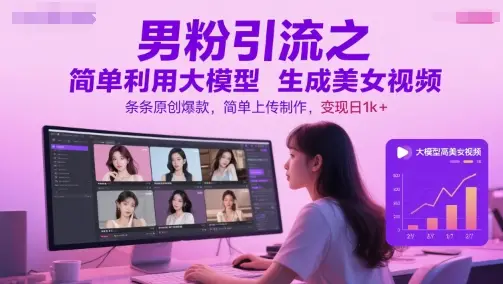 男粉引流之简单利用大模型生成美女视频，条条原创爆款，简单上传制作，变现日1k+-副业吧