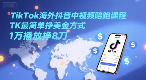 TikTok海外抖音中视频陪跑课程，TK最简单挣美金方式，1万播放挣8刀-副业吧
