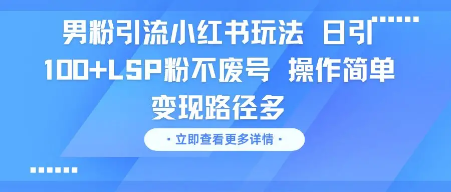 男粉引流小红书玩法 日引100+LSP粉不废号 操作简单 变现路径多-副业吧