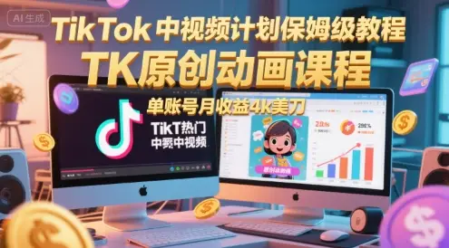 TikTok中视频计划保姆级教程，TK原创动画课程，单账号月收益4k美刀-副业吧