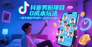 抖音男粉项目0成本玩法，一部手机即可操作，日均4张+，时间自由-副业吧