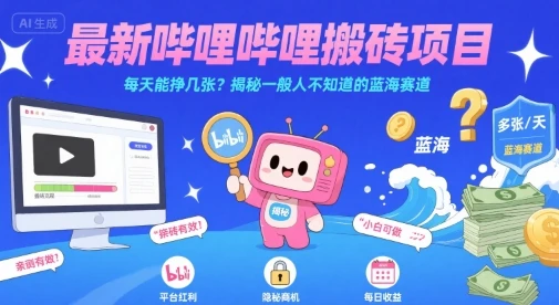 最新哔哩哔哩上B站搬砖项目，每天能挣几张？揭秘一般人不知道的蓝海赛道-副业吧