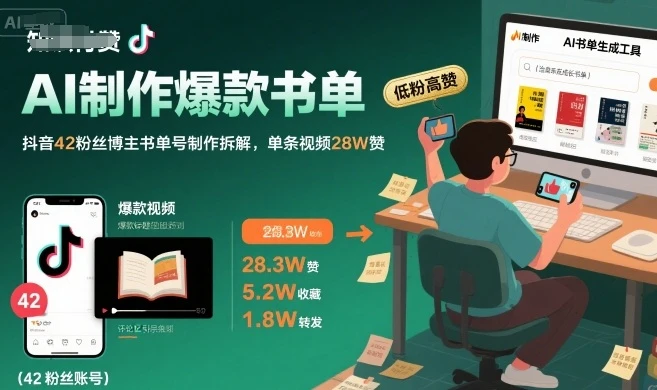 AI制作爆款书单，抖音42粉丝博主书单号制作拆解，单条视频28W赞-副业吧