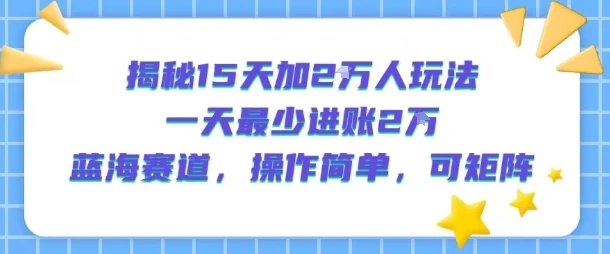 揭秘15天加2W人玩法，一天最少2万进账，蓝海赛道，操作简单，可矩阵-副业吧