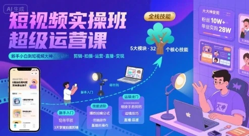 短视频实操班超级运营课，新手小白到短视频大神必修课程，剪辑-拍摄-运营-直播-变现-副业吧