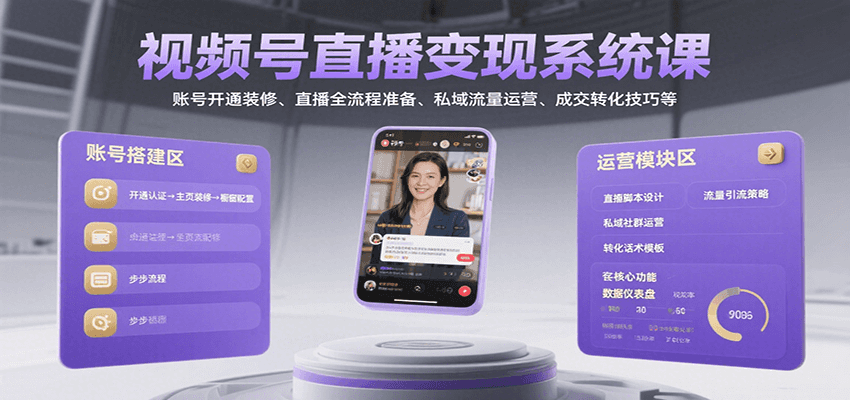 视频号直播变现系统课，账号开通装修、直播全流程准备、私域流量运营、成交转化技巧等-副业吧