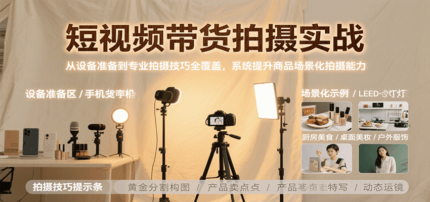 短视频带货拍摄实战,从设备准备到专业拍摄技巧全覆盖,系统提升商品场景化拍摄能力-副业吧