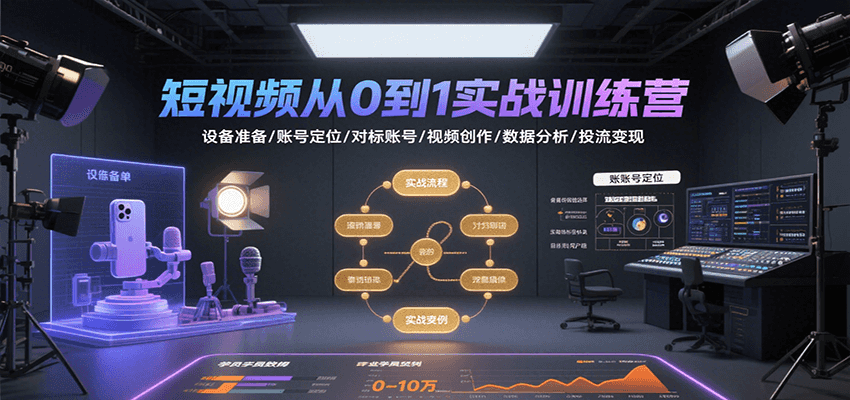 短视频从0到1实战训练营:设备准备/账号定位/对标账号/视频创作/数据分析/投流变现-副业吧