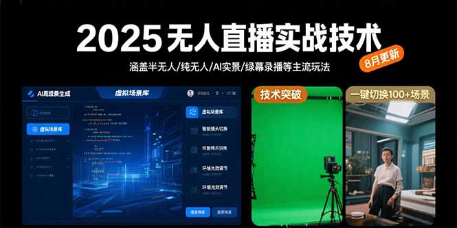 2025无人直播实战技术-8月，涵盖半无人/纯无人/AI实景/绿幕录播等主流玩法-副业吧