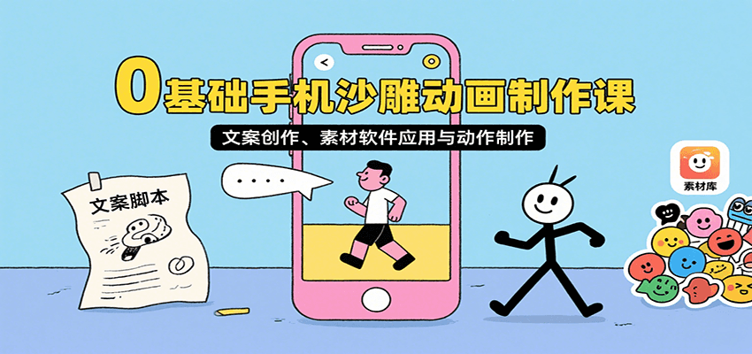 0基础手机沙雕动画制作课，文案创作、素材软件应用与动作制作-副业吧