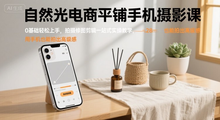 自然光电商平铺手机摄影课，0基础轻松上手，拍摄修图剪辑一站式实操教学，用手机也能拍出高级感-副业吧