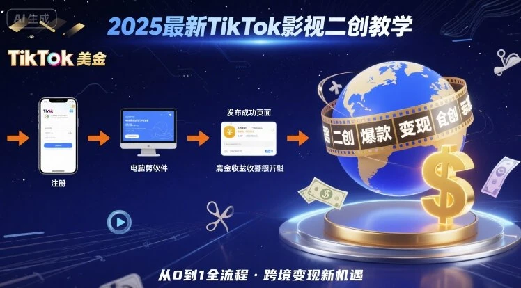 2025年最新TikTok影视二创教学，从注册到发布撸美金全流程，跨境变现新机遇-副业吧