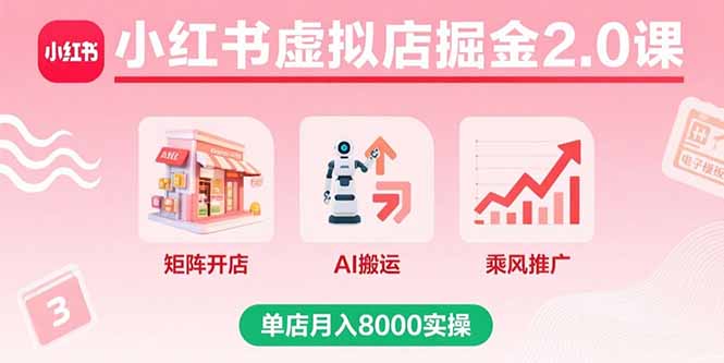 小红书虚拟店掘金2.0课，矩阵开店+AI搬运+乘风推广，单店月入8000实操-副业吧