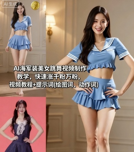 AI海军装美女跳舞视频制作教学，快速涨千粉万粉，视频教程+提示词(绘图词、动作词)-副业吧