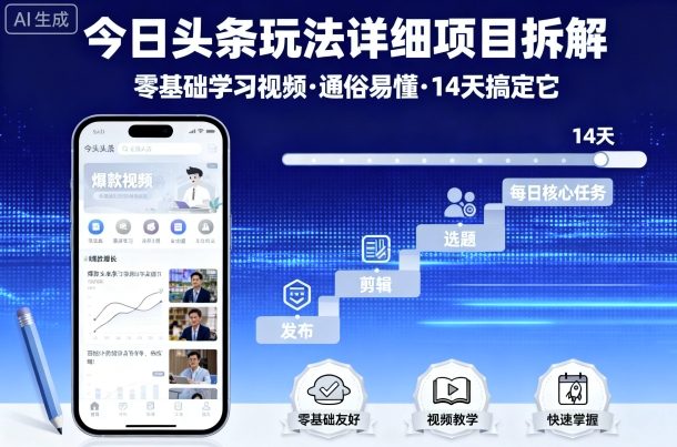 今日头条玩法详细项目拆解，零基础学习视频 通俗易懂 14天搞定它-副业吧