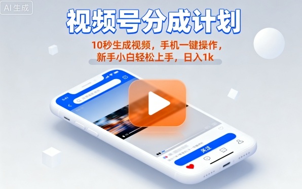 视频号分成计划懒人玩法，10秒生成视频，手机一键操作，新手小白轻松上手，日入1K【揭秘】-副业吧